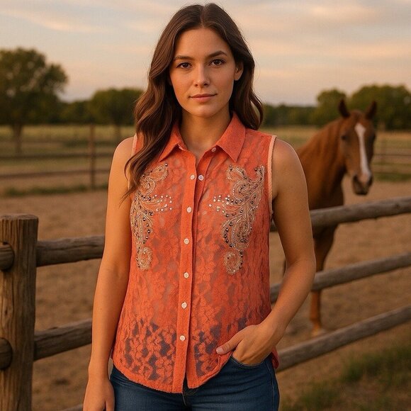 Miss Me Tops - Y2K Miss Me Boho Rhinestone Lace Button up Blouse Cottagecore Rodeo Country L